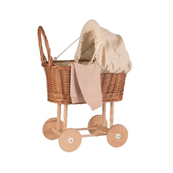Trä- och flätad barnvagn med ecru tygkant - Toys by universe - Imitationsspel - Dockor, dockor och tillbehör