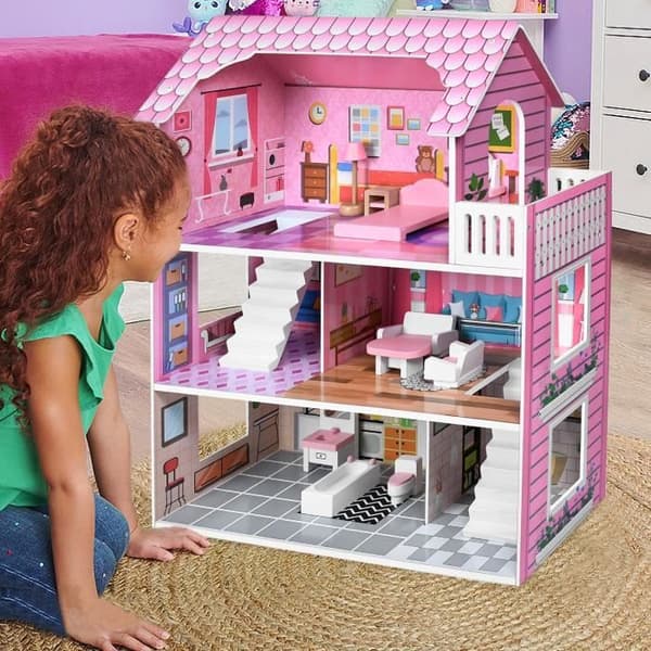 Trähus för Dockor - XMTECH - Barnvilla med 3 Våningar - Rosa - 60 x 24 x 70 cm