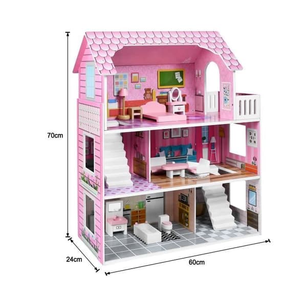 Trähus för Dockor - XMTECH - Barnvilla med 3 Våningar - Rosa - 60 x 24 x 70 cm