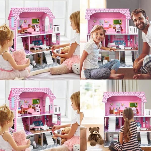 LZQ 3-vånings dockskåp i trä - Barbie-modell - 60x23,7x70cm - Rosa - För barn från 2 år och uppåt