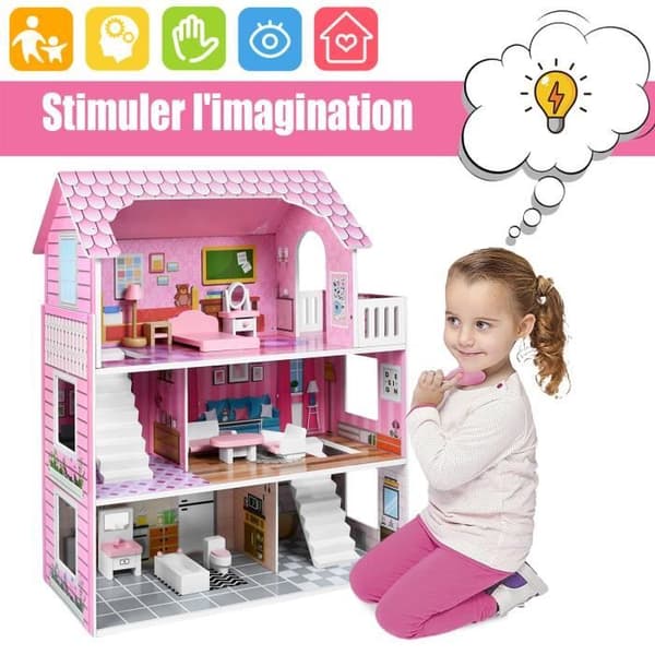 LZQ 3-vånings dockskåp i trä - Barbie-modell - 60x23,7x70cm - Rosa - För barn från 2 år och uppåt