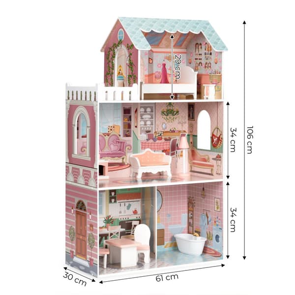 Dollhouse - 61x30x106 cm - træ - med møbler
