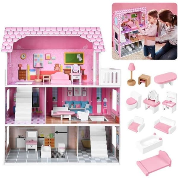 YUENFONG dockhus i trä med möbler och tillbehör, Barbie House 70 cm högt för barn från 3 år och uppåt