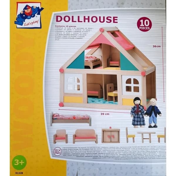 Dockhus i trä - WOODY - med tillbehör - för barn från 3 år och uppåt - glada färger