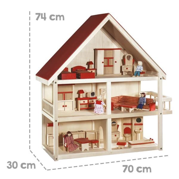 ROBA Naturligt trädockahus - rött gaveltak - 3 våningar - 4 dockor och miniatyrmöbler