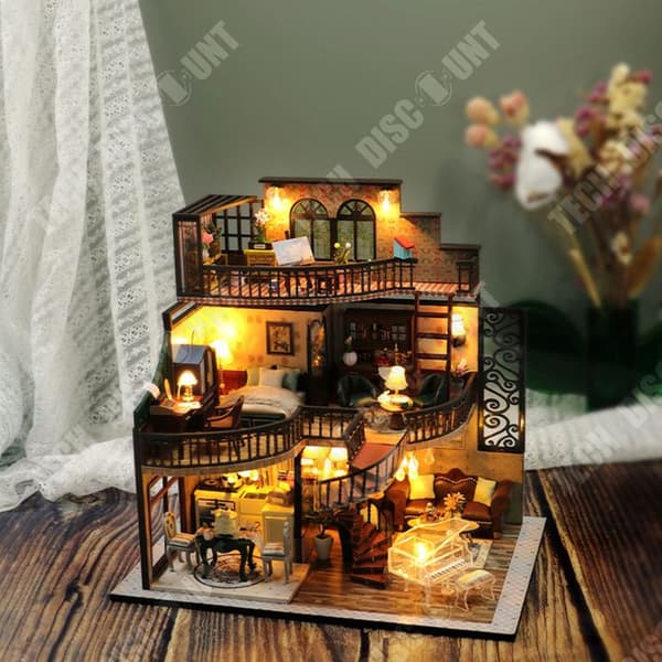 TD Dockhus LED Trä Spel med Miniatyrer att Bygga Dockhus DIY Miniatyrhuskit med 2 st verktyg