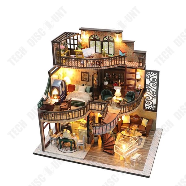 TD Dockhus LED Trä Spel med Miniatyrer att Bygga Dockhus DIY Miniatyrhuskit med 2 st verktyg