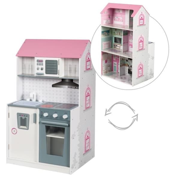 2in1 Dockhus och barnkök - ROBA - Rosa / Vit - 6 delar - 32 cm