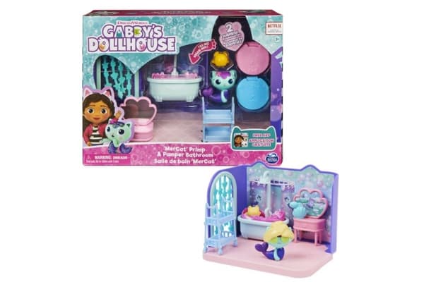 Gabbys dockhus Primp and Pamper badrum med MerCat-figur, 3 tillbehör, 3 möbler och 2 leveranser, barnleksaker för åldrarna 3 och uppåt