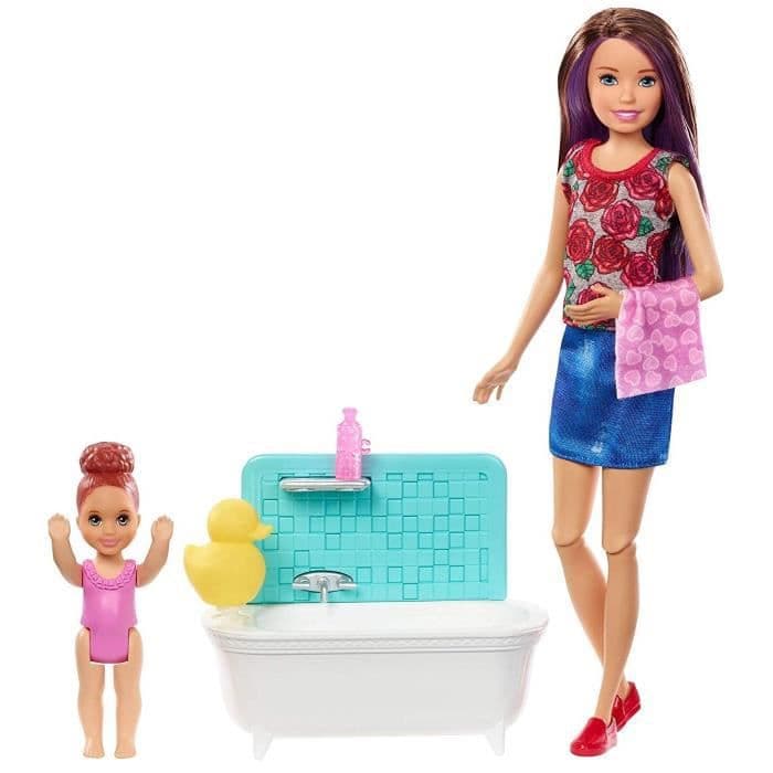 BARBIE - Babysitter Box - Bath Time - Doll Box - Inkluderer 1 dukke, 1 baby, 1 badekar og tilbehør