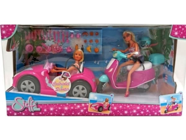 Simba Steffi doll in a convertible and on a scooter