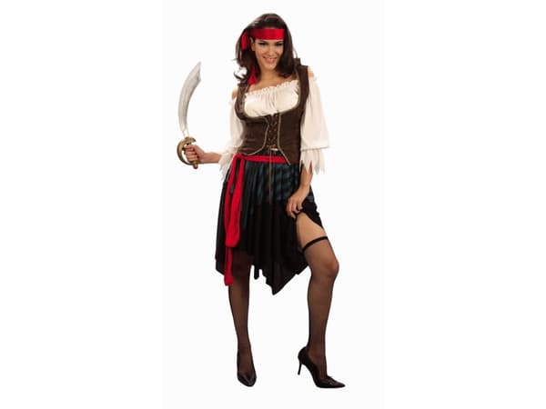 Deluxe Pirat-kostume (Trøje, vest, nederdel, tørklæde og pandebånd) - Medium