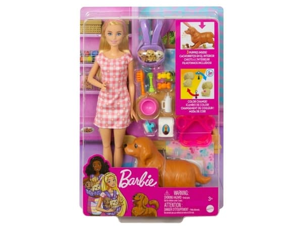 Mattel Barbiedocka (blond) med hund och valpar