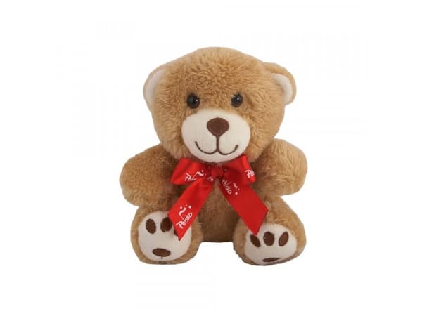 Beppe Mascot Teddybjørn brodert med rød sløyfe 12 cm