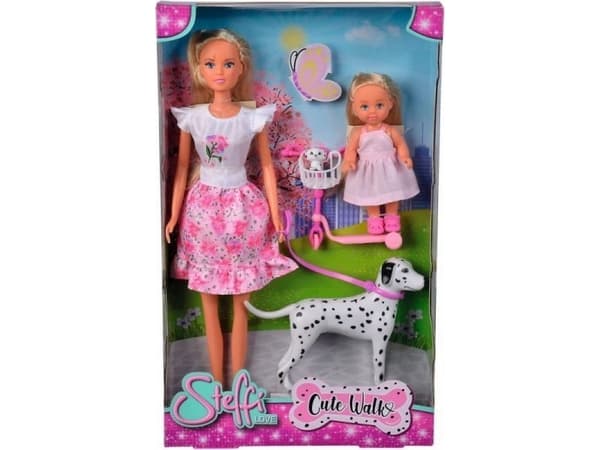 Steffi Love Steffi and Evi dolls on a walk with their dog
