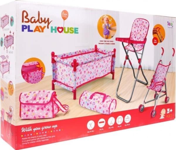 Tillbehörsset för babydockor 3+ Babyvård + Barnvagn + Matstol + Spjälsäng + 2 väskor