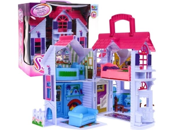 Uttrekkbart hus for barn 3+ Lilla + Familiefigurer + Hund + Møbler + 2 etasjer