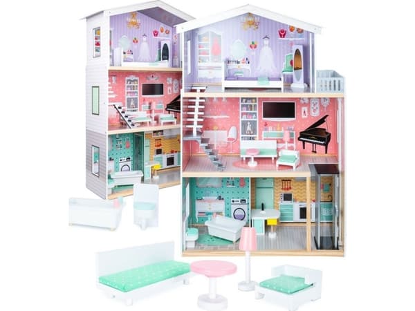 9 Planet Domek dla lalek drewniany+ mebelki pastelowy 117cm