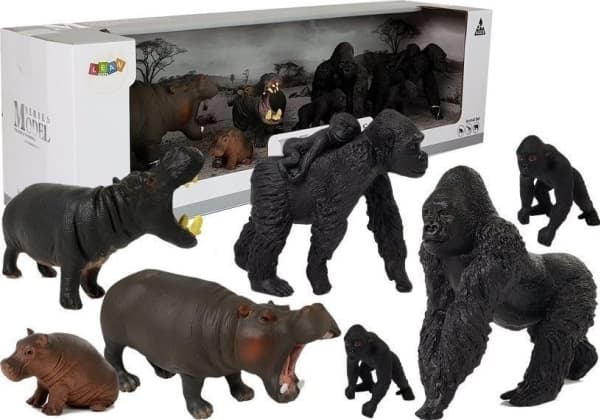 LeanToys-figur Safari-dyrefigurer, flodhester og gorillaer