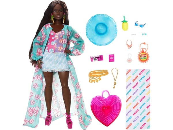 Mattel Barbie Barbie Extra Fly rantanukke matkalla rantavaatteet + hattu, trooppinen päiväpeitto ja suuri laukku HPB14