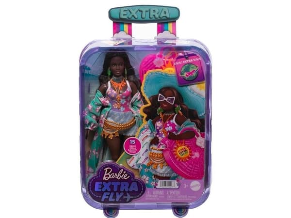 Mattel Barbie Barbie Extra Fly rantanukke matkalla rantavaatteet + hattu, trooppinen päiväpeitto ja suuri laukku HPB14