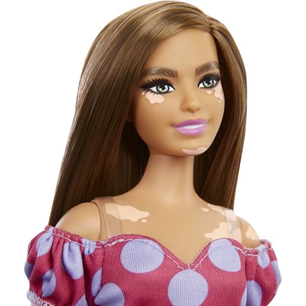 Barbie Fashionistas Doll Curvy Vitiligo Long Brunette Hair Polka Dot Dress