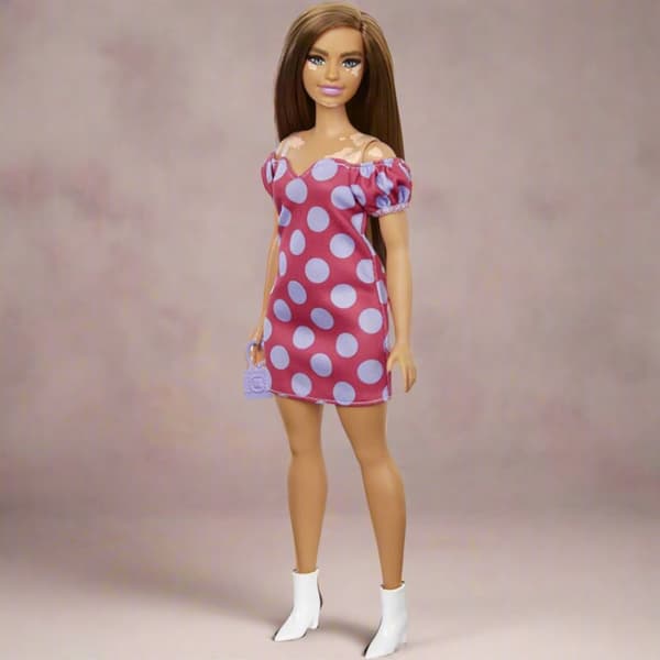 Barbie Fashionistas Doll Curvy Vitiligo Long Brunette Hair Polka Dot Dress