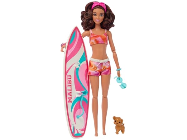 Mattel Beach Barbie-dukke (brunette) + HPL69 tilbehør