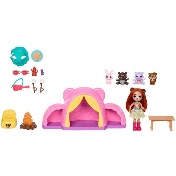 Enchantimals Med Bjørne Og Tilbehør Minidukke Camping Rosa
