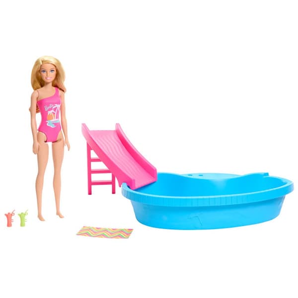 Barbie Blond Med Pool Rutschbana Och Tillbehör Docka Rosa