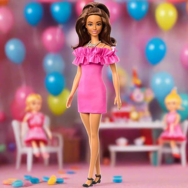 Barbie Fashionista Doll with Brown Wavy Hair and Pink Ruffle Dress