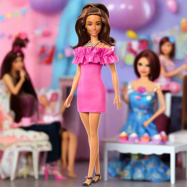 Barbie Fashionista Doll with Brown Wavy Hair and Pink Ruffle Dress
