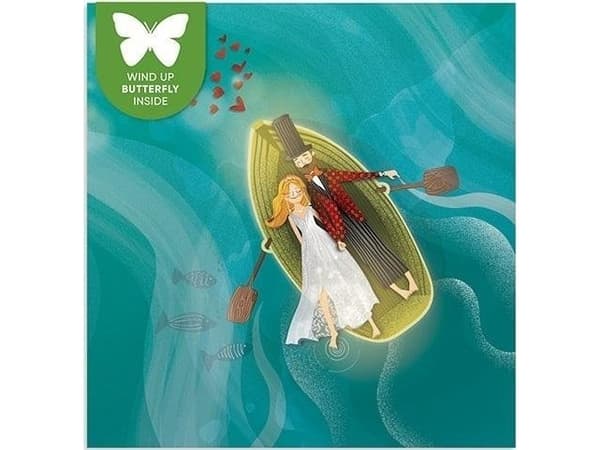 Square card with flying butterfly Wedding Couple in...