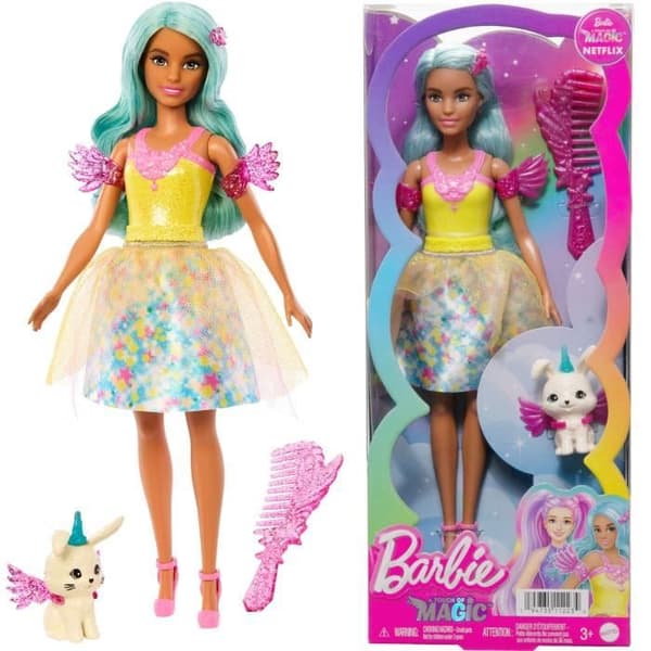 Litet set Barbie Collector Doll en bit av magisk älva med blått hår + husdjur och accessoarer