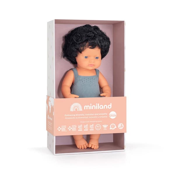 Miniland Caucasian Curly Black Hair Boy 38 Cm Colourful Docka Grå