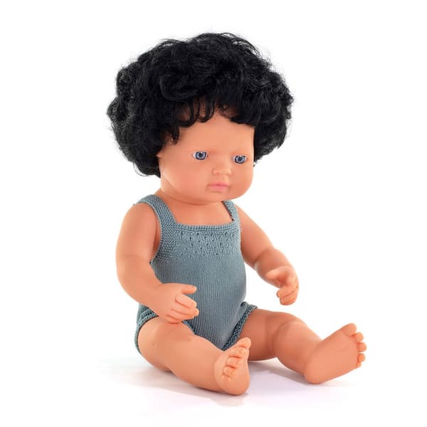 Miniland Caucasian Curly Black Hair Boy 38 Cm Colourful Docka Grå