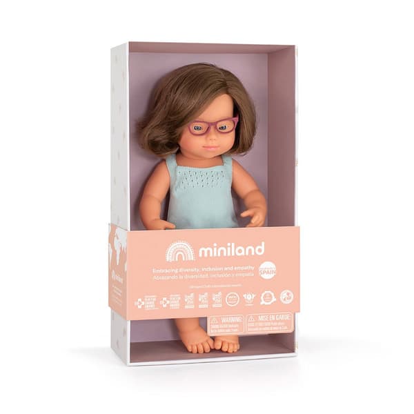 Miniland Caucasican Girl With Down Syndrome And Glasses 38 Cm Colourful Nukke Vihreä