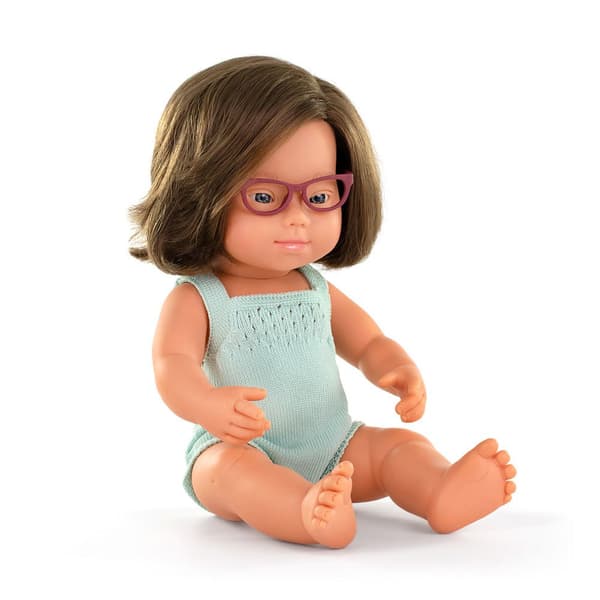 Miniland Caucasican Girl With Down Syndrome And Glasses 38 Cm Colourful Nukke Vihreä