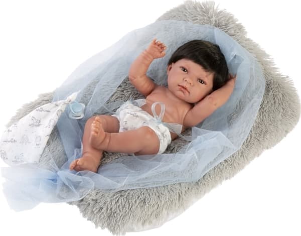 Llorens Llorens 73803 Vinyl babydukke 40 cm Nico med en grå, myk pute og en blå bleie kosete dou dou