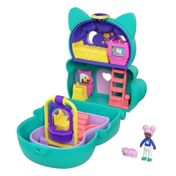 Polly Pocket - Convertible Cat Box, med minidocka, kattfigur och överraskningar - Minidocka - Från 4 år