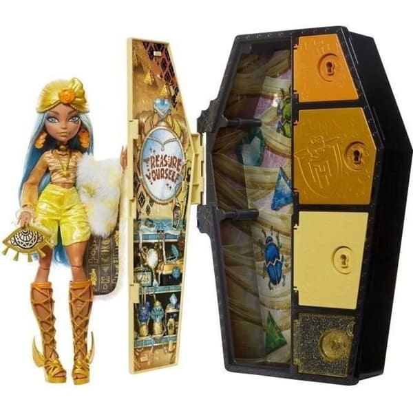 Monster High Monster Secrets Box, Cleo De Nile Doll, Iridescent Look Series, med kistskåp 21+ tillbehör, ålder 4+, HNF76