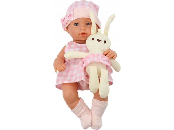 LeanToys Baby Doll, Bunny Carrier, rosa rutete klær