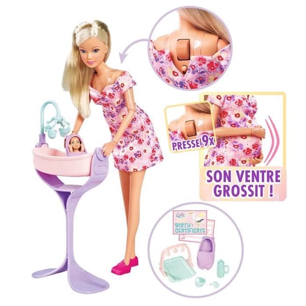 Smoby - Steffi Love - Future Mom - Gravid skyltdocka (29cm) - Babytillbehör - Knapp för att förstora magen