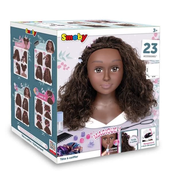 Smoby - Afro hårstylinghuvud - Lätt att styla - 23 realistiska accessoarer - Värmekänsliga läppar - Förvaringslucka