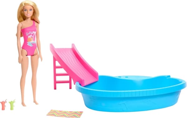Barbie Dukke og pool-legesæt, blondine med pool, rutsjebane, håndklæde ...