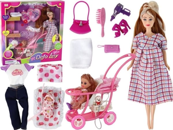 LeanToys Lucy Docka Gravid Baby Barnvagn Långt brunt hår