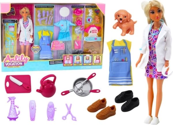 LeanToys Anlily 4-i-1 Docka Doktor Frisör Kock Djur Kläder Tillbehör
