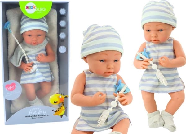 LeanToys Babydocka i vita/blå kläder Mössa Napp Haklapp Filt