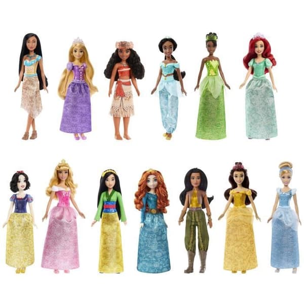 Mattel Disney Sparkling Princesses Lekset med 13 dockor med gnistrande dressing och tillbehör, från 3 år och uppåt, HPG74