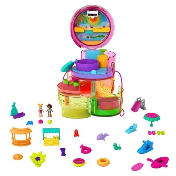 Polly Pocket - Multifunktionsset Smoothie, 3 nivåer, 25 överraskningsaccessoarer, dockor Polly och Shani - Mini-docka - Från 4 år